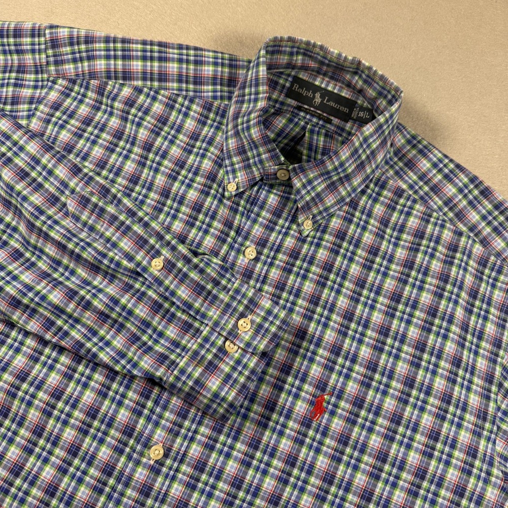 Ralph Lauren Classic Fit Button Down Shirt Men's 16 L Plaid Blue Green Preppy